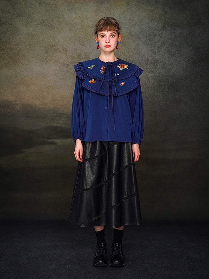 Nutcracker Embroidered Shirt with Detachable Shawl - French Retro