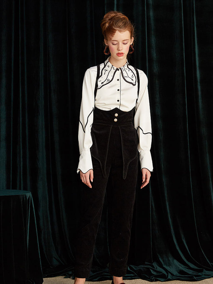 Time Passes Art Shirt - Original Clock Collar Embroidered Black & White Top