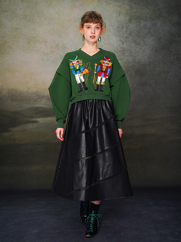 Nutcracker Embroidered Wide V-neck Hoodie with Spliced Sleeves