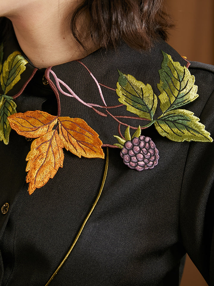Leaf French Shirt - Original Embroidered Collar Retro Batwing Sleeve Top
