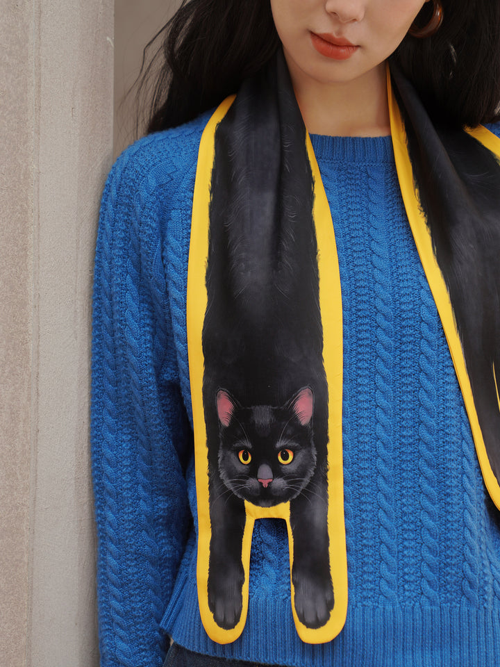Golden Whiskers Little Black Cat Scarf - Smooth Silk-Feel Bright Yellow Neck Wrap