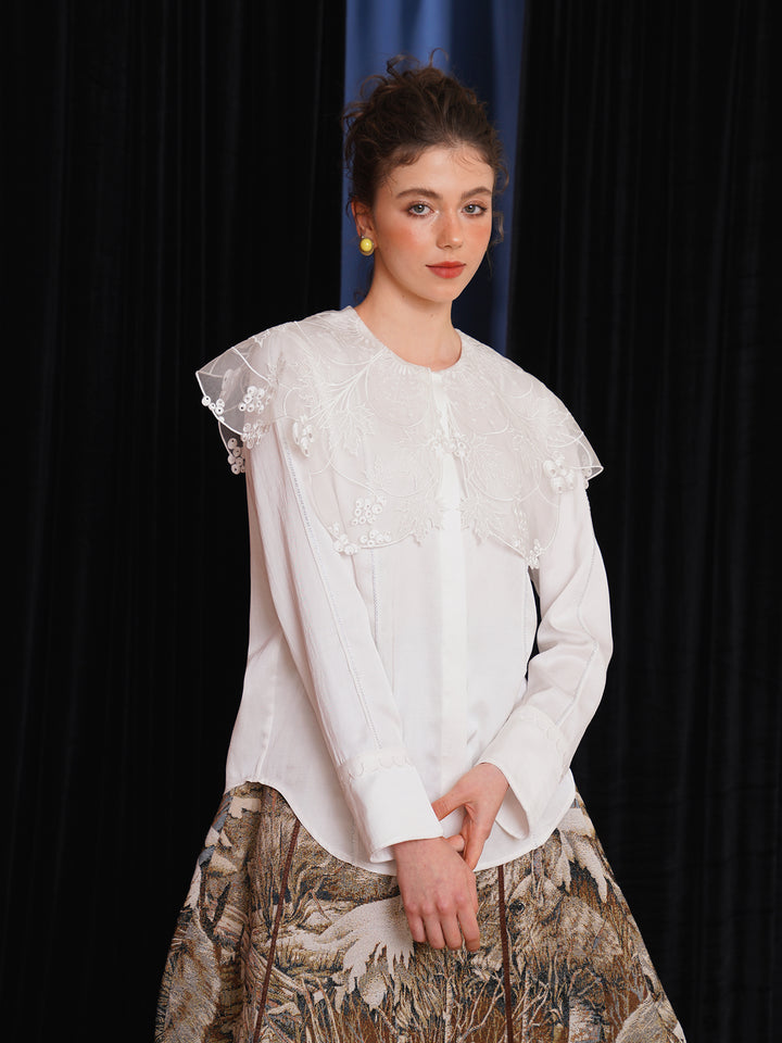 Vine Romance Lace Embroidered Blouse - French Retro Big Collar Sweet White Top