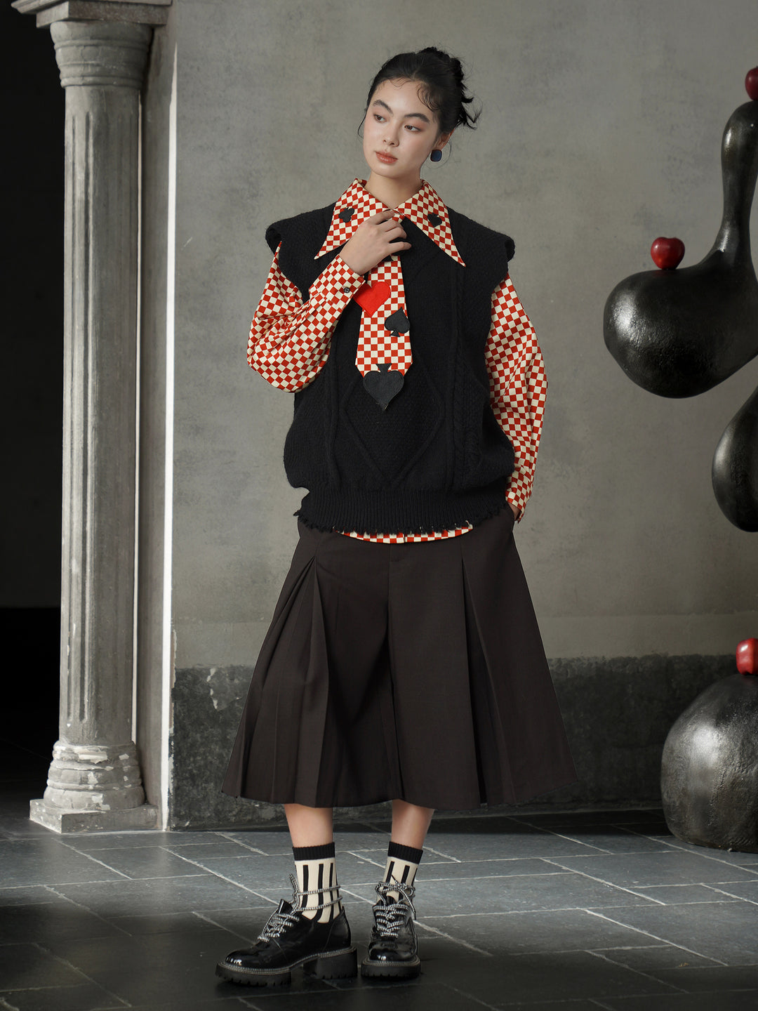 Vintage Red Diamond & Poker Embroidered Shirt | Preppy Style Lapel Blouse
