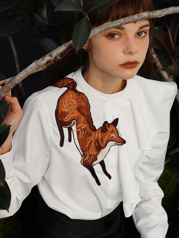 Fox Story  Heavy Embroidered Shirt - Retro Ruffle Wave Blouse for Women