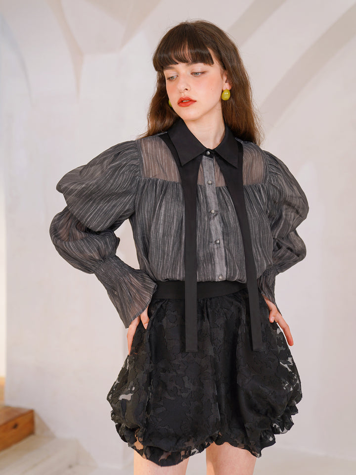 Noir Elegance  Designer Shirt - Niche Classic Black Bubble Sleeve Blouse
