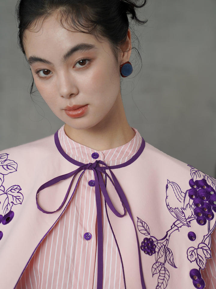 Rose Pink Vine Embroidered Shirt | French Vintage Layered Collar Top