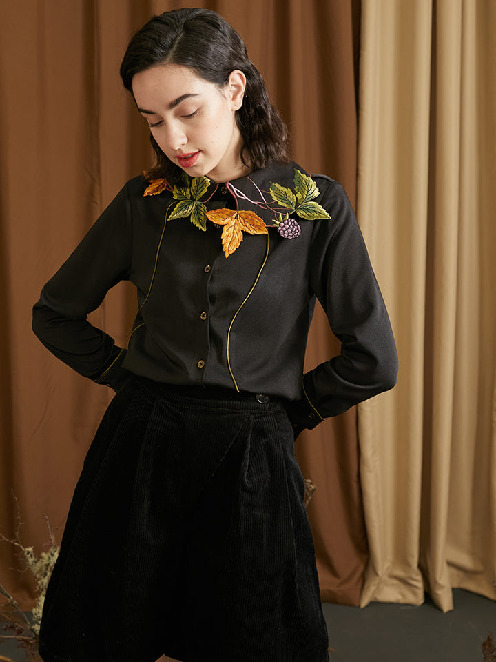 Leaf French Shirt - Original Embroidered Collar Retro Batwing Sleeve Top