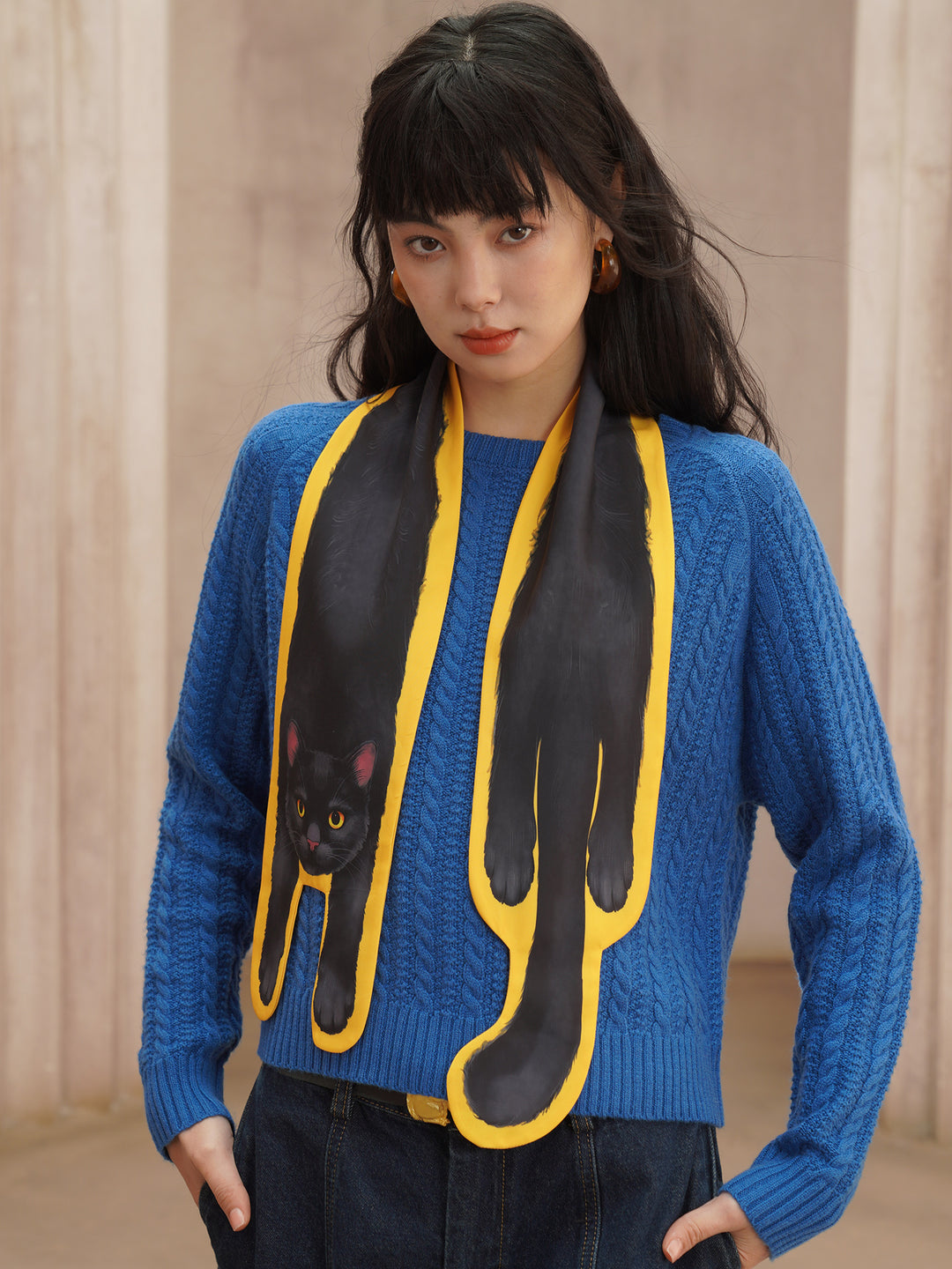 Golden Whiskers Little Black Cat Scarf - Smooth Silk-Feel Bright Yellow Neck Wrap