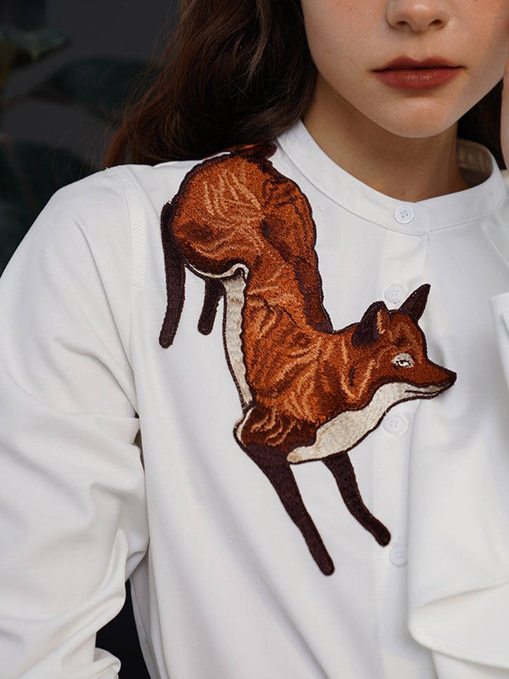 Fox Story  Heavy Embroidered Shirt - Retro Ruffle Wave Blouse for Women