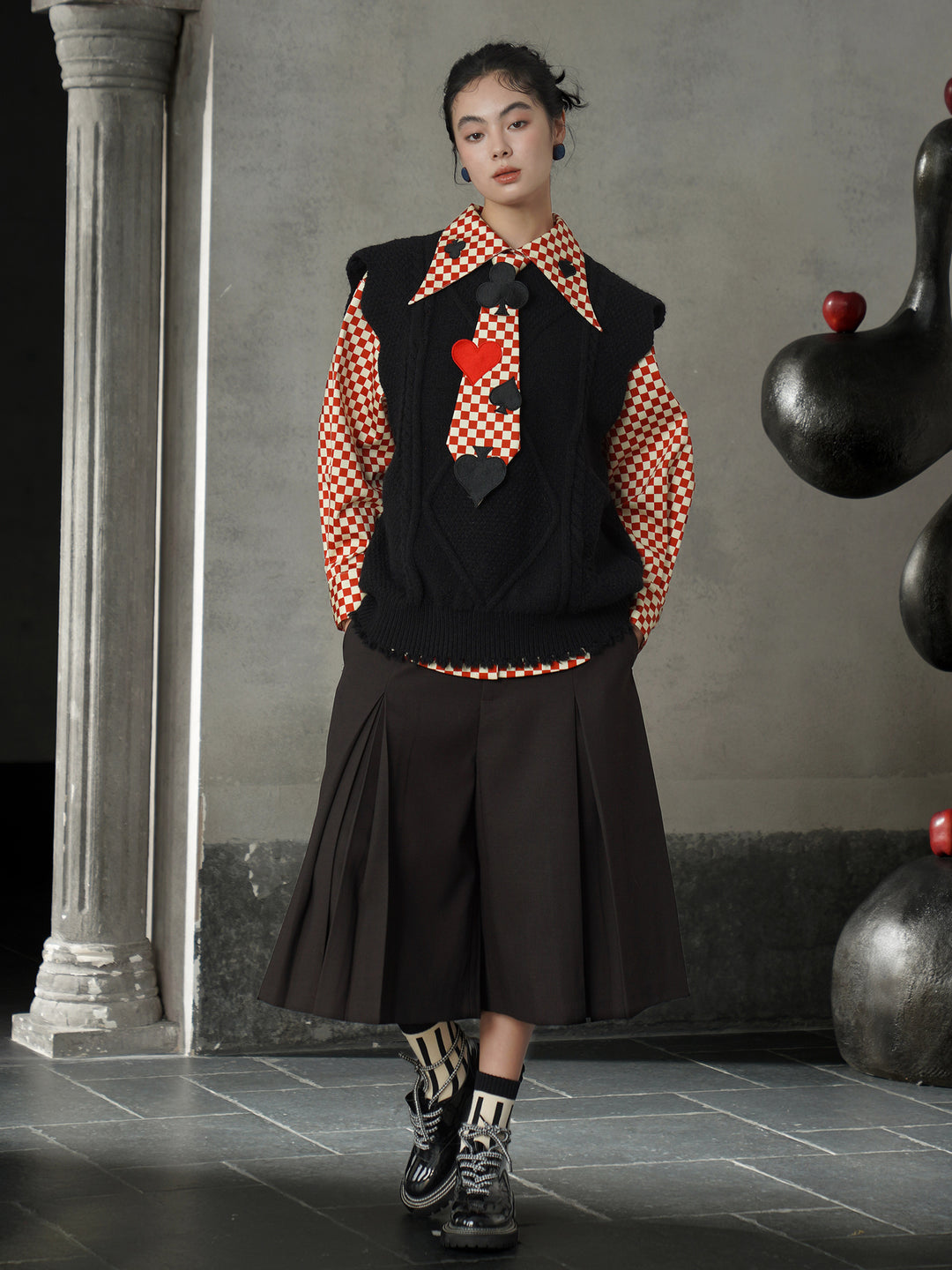 Vintage Red Diamond & Poker Embroidered Shirt | Preppy Style Lapel Blouse