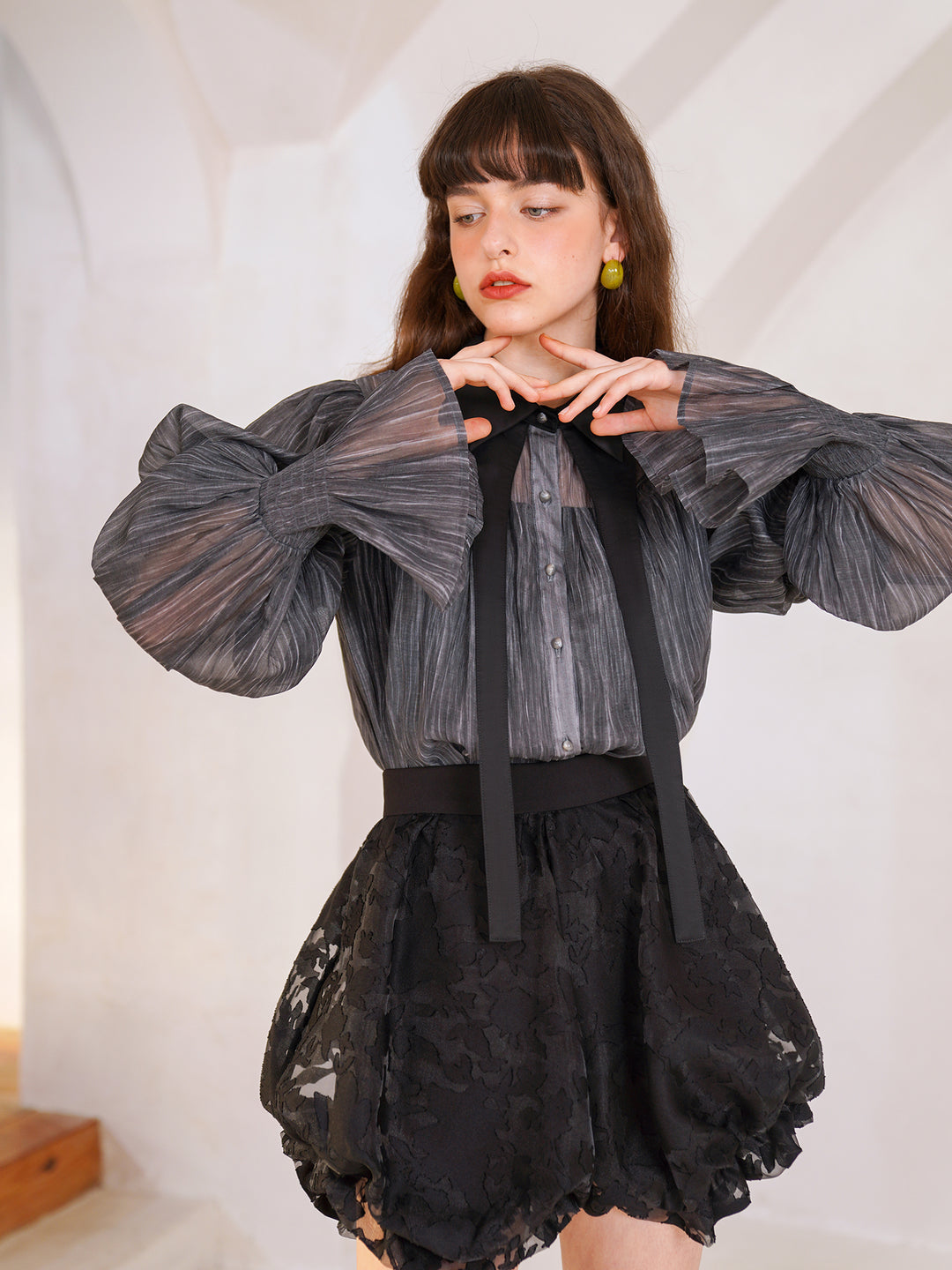 Noir Elegance  Designer Shirt - Niche Classic Black Bubble Sleeve Blouse