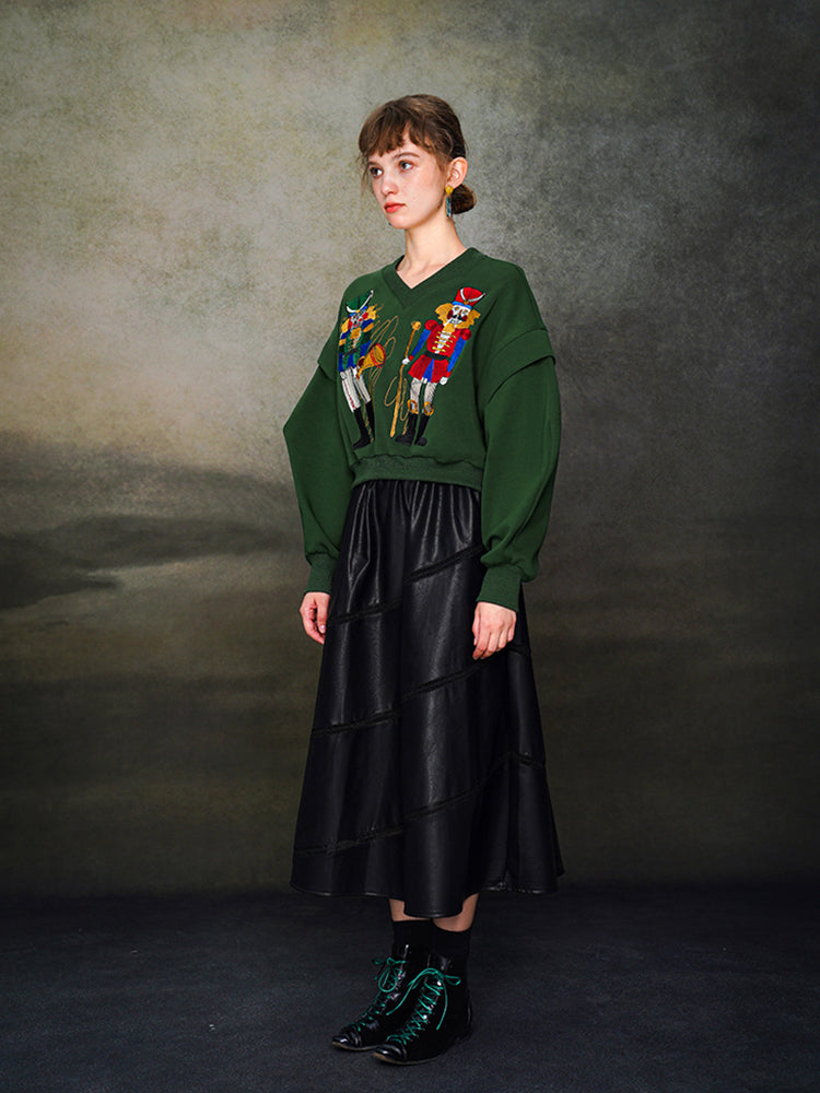 Nutcracker Embroidered Wide V-neck Hoodie with Spliced Sleeves