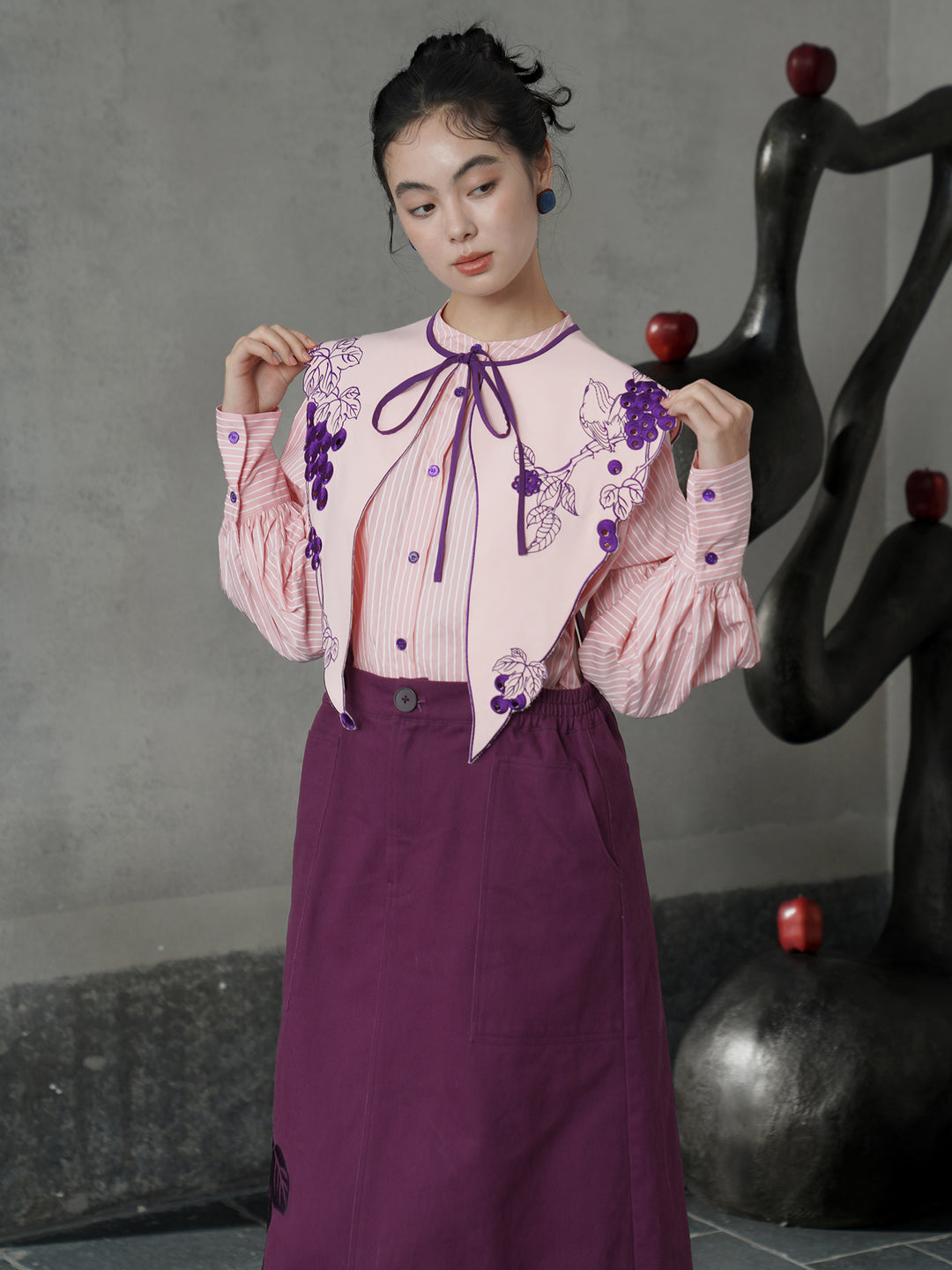 Rose Pink Vine Embroidered Shirt | French Vintage Layered Collar Top