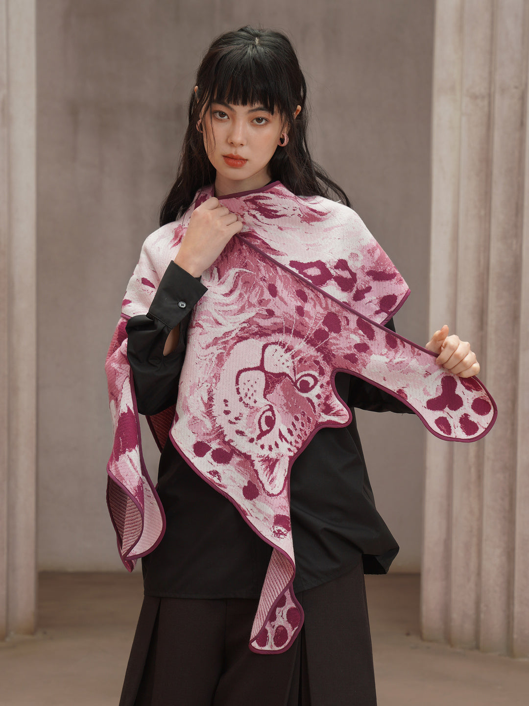 Pink Panther Blended Wool Big Shawl - Retro Knitted Animal Cape Scarf
