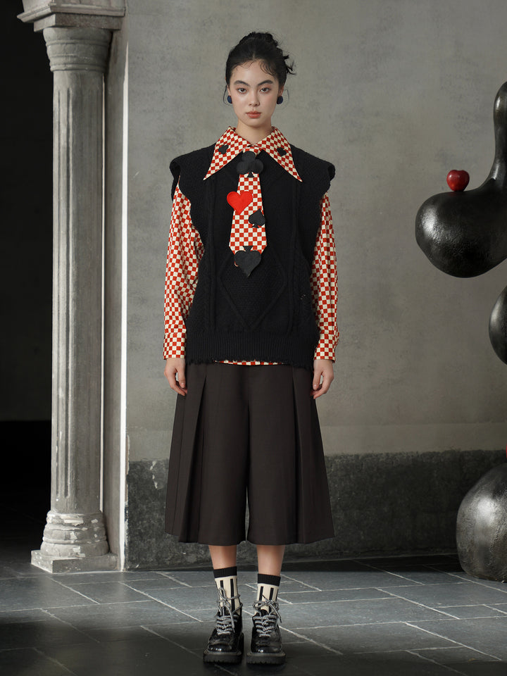 Vintage Red Diamond & Poker Embroidered Shirt | Preppy Style Lapel Blouse