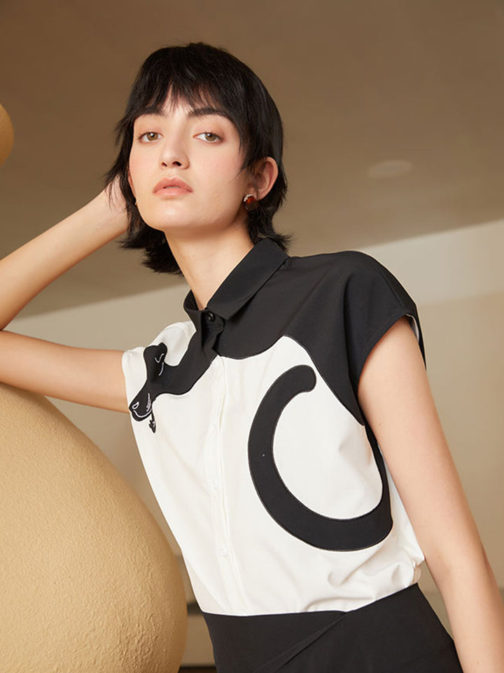 Urban Feline Leopard Shirt - Original Art Style Color Contrast Slimming Short Sleeve Blouse