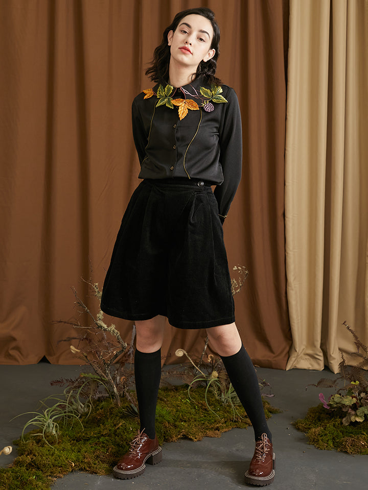 Leaf French Shirt - Original Embroidered Collar Retro Batwing Sleeve Top