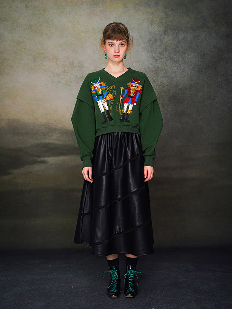 Nutcracker Embroidered Wide V-neck Hoodie with Spliced Sleeves