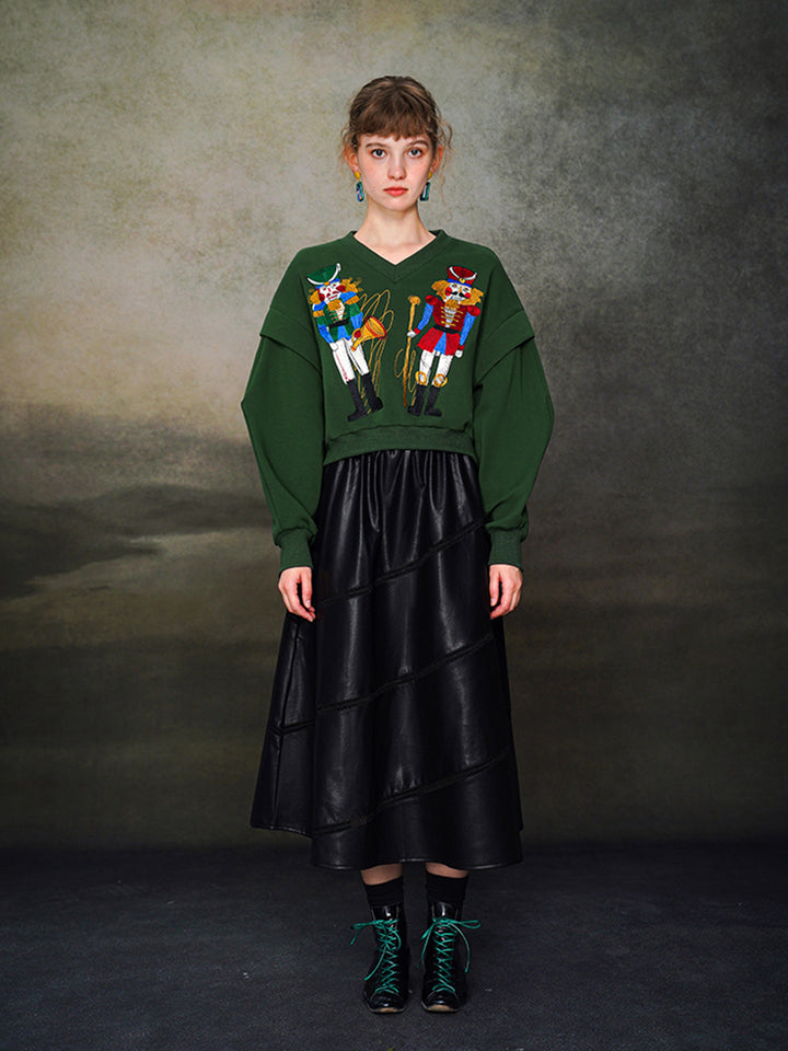 Nutcracker Embroidered Wide V-neck Hoodie with Spliced Sleeves