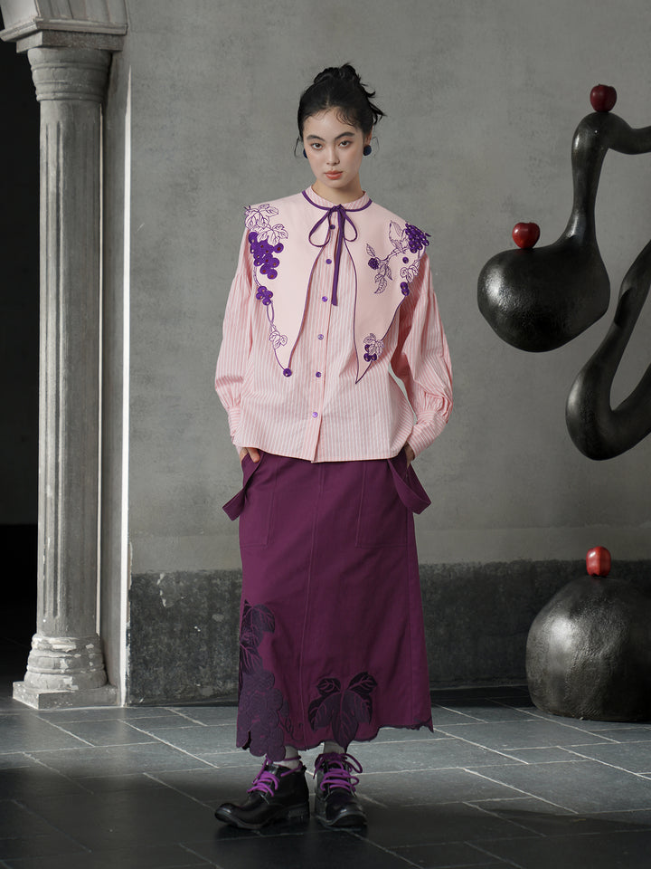 Rose Pink Vine Embroidered Shirt | French Vintage Layered Collar Top
