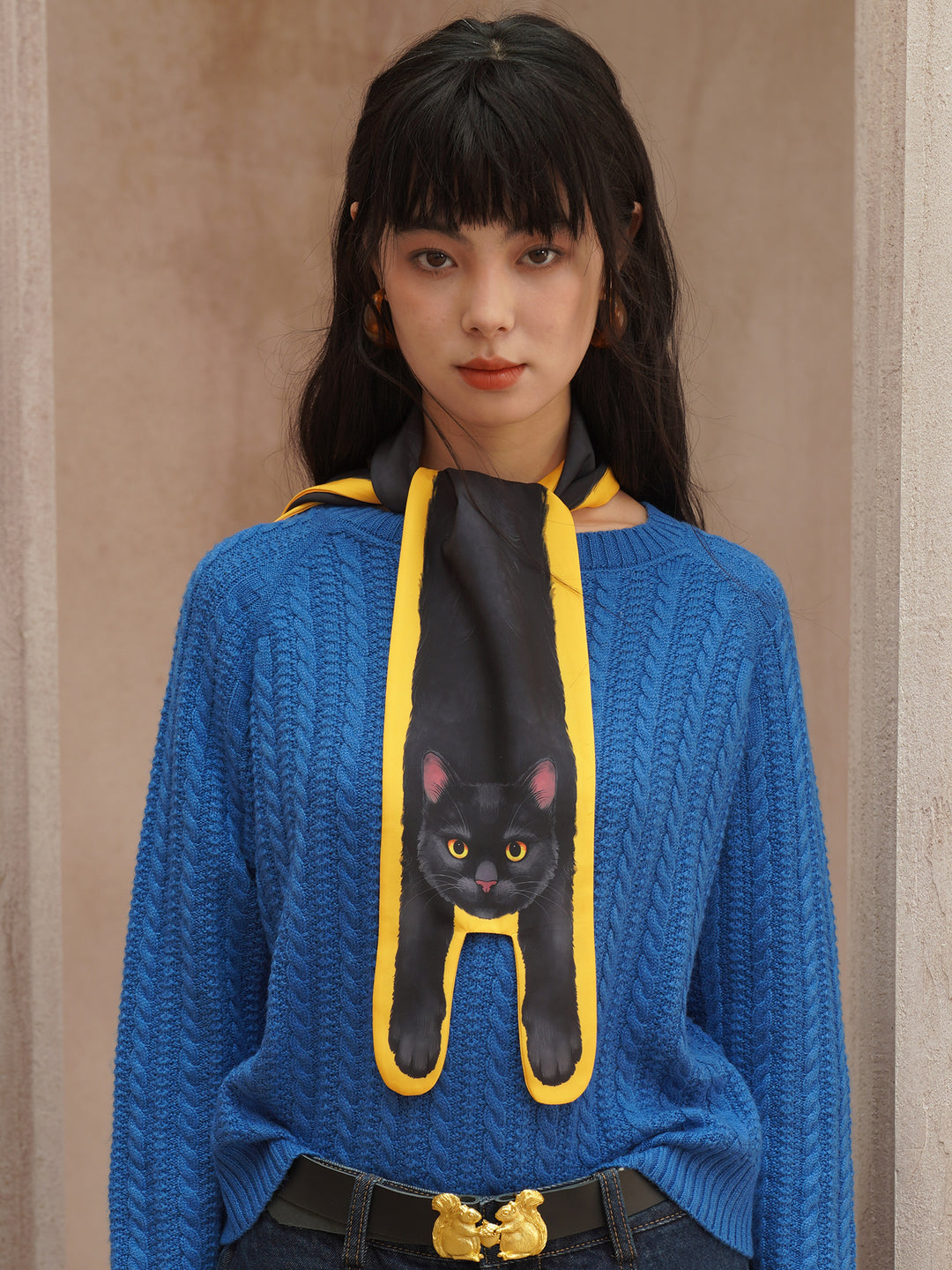 Golden Whiskers Little Black Cat Scarf - Smooth Silk-Feel Bright Yellow Neck Wrap
