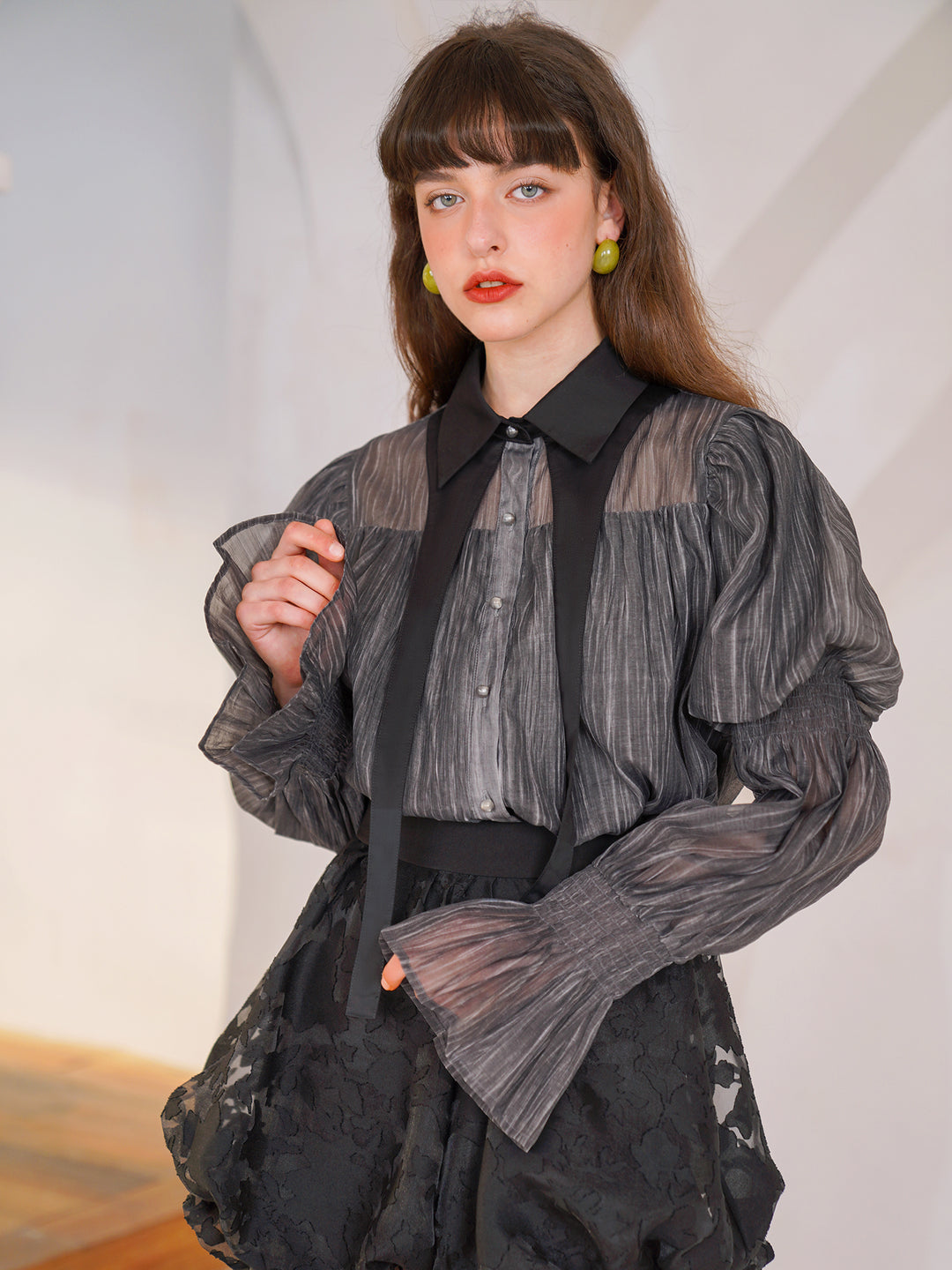 Noir Elegance  Designer Shirt - Niche Classic Black Bubble Sleeve Blouse