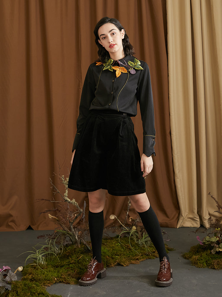 Leaf French Shirt - Original Embroidered Collar Retro Batwing Sleeve Top