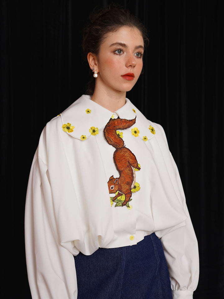 Forest Fairy Squirrel & Flower Embroidered Tie - Retro Knot-Free Niche Gift