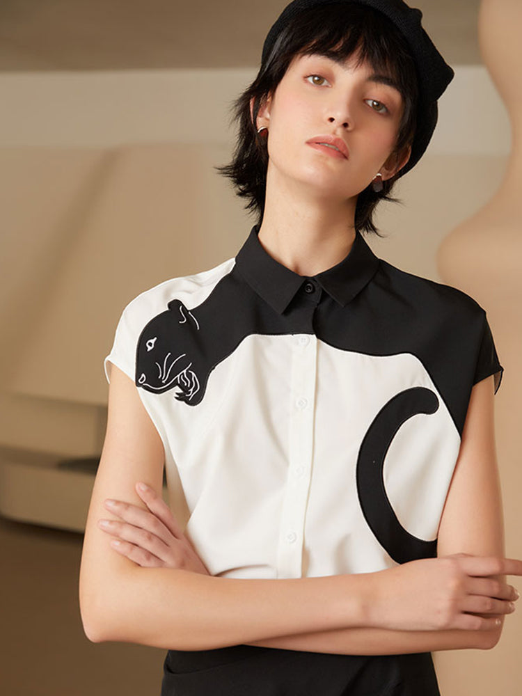 Urban Feline Leopard Shirt - Original Art Style Color Contrast Slimming Short Sleeve Blouse