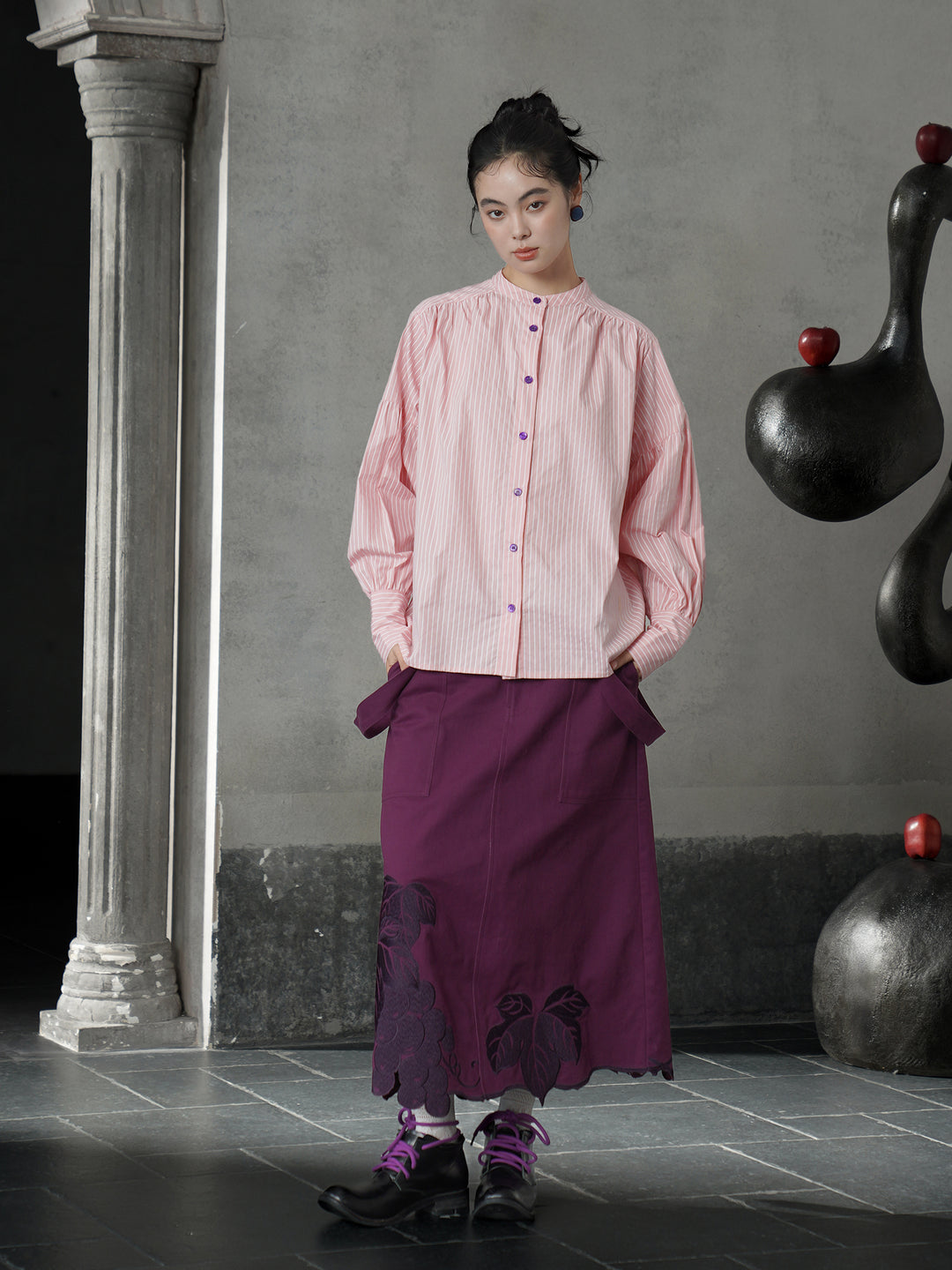 Rose Pink Vine Embroidered Shirt | French Vintage Layered Collar Top