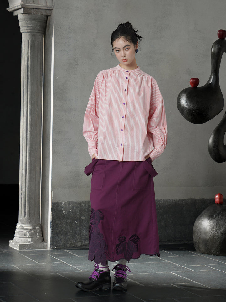 Rose Pink Vine Embroidered Shirt | French Vintage Layered Collar Top