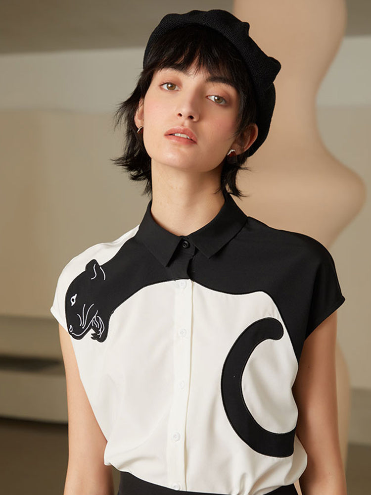 Urban Feline Leopard Shirt - Original Art Style Color Contrast Slimming Short Sleeve Blouse