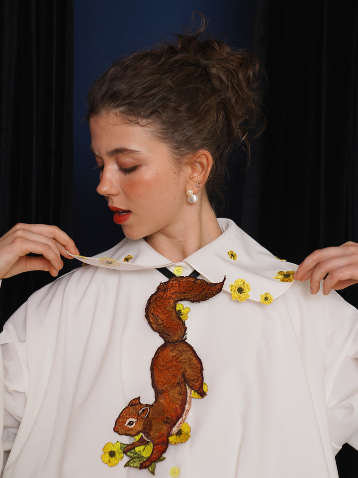 Forest Whisper Embroidered Jacket - Retro Squirrel & Flower Off-Shoulder Niche Top