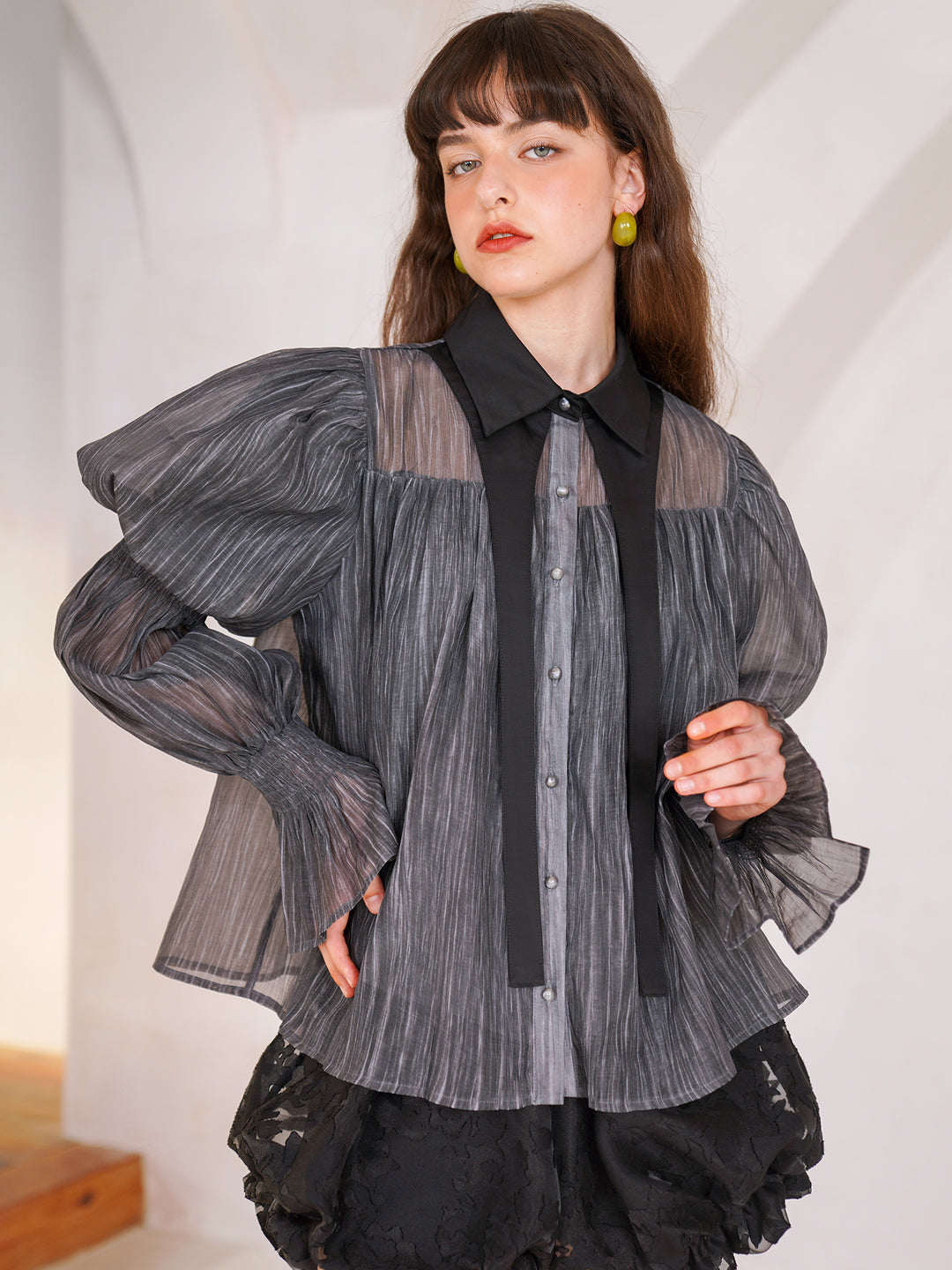 Noir Elegance  Designer Shirt - Niche Classic Black Bubble Sleeve Blouse