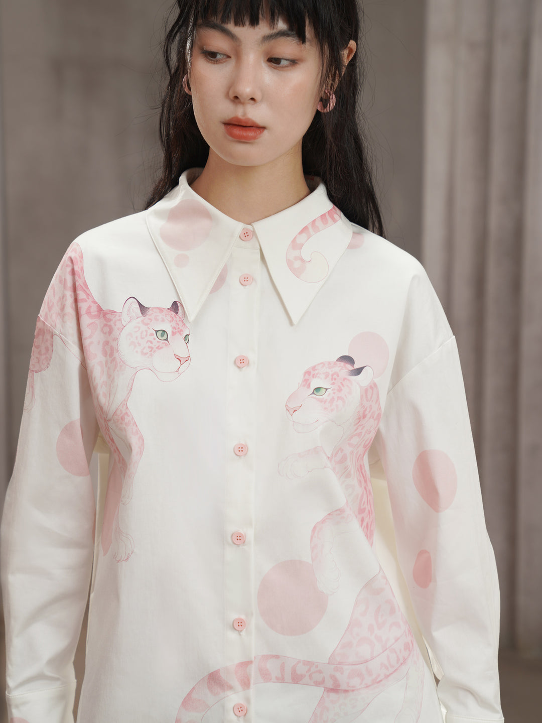 Pink Leopard Hand-Painted Shirt - Artistic Retro Oversized Lapel Blouse