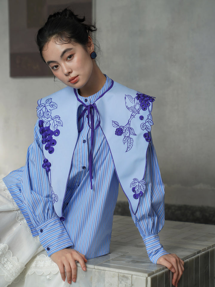 French Artistic Grape Vine Embroidered Detachable Collar | Vintage Capelet Accessory
