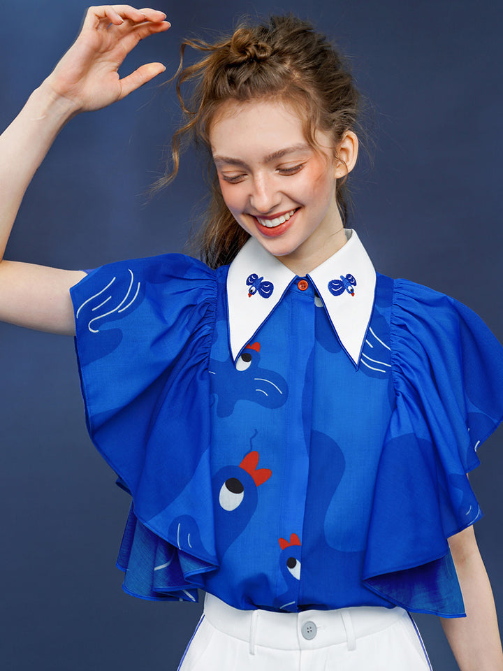 Original Retro Exquisite Bluebird Embroidered Collar Shirt with Lotus Leaf Flying Sleeves and Flip Collar Design, Printed on Shirt