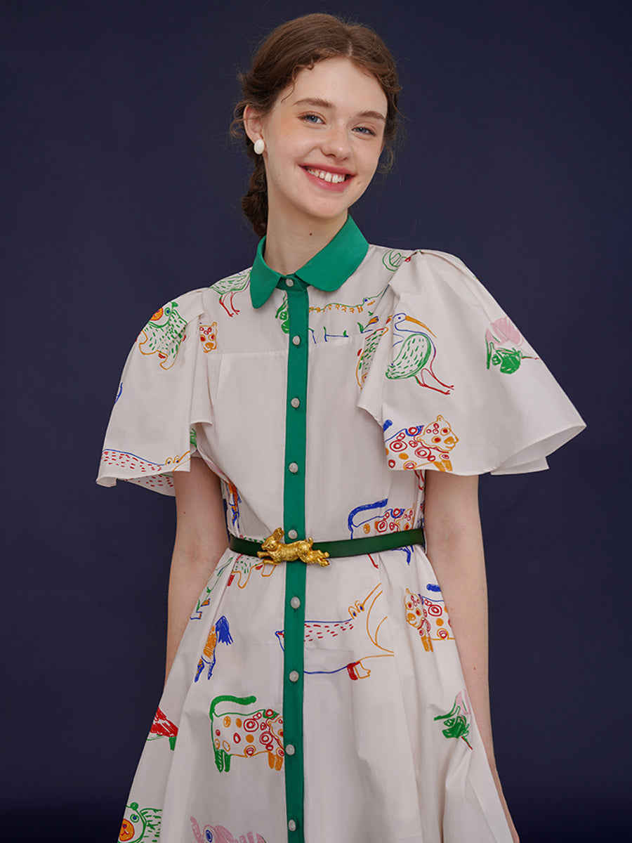 Original French retro bird graffiti full print dress, women's short sleeved white niche slimming dress