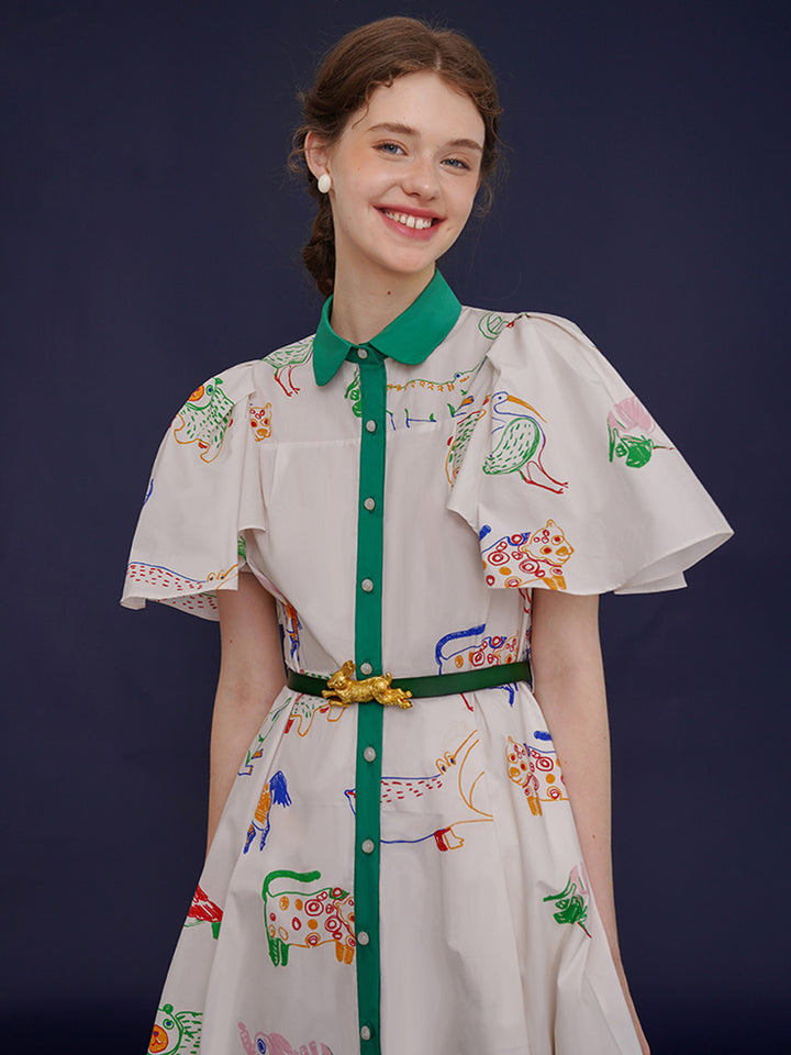 Original French retro bird graffiti full print dress, women's short sleeved white niche slimming dress