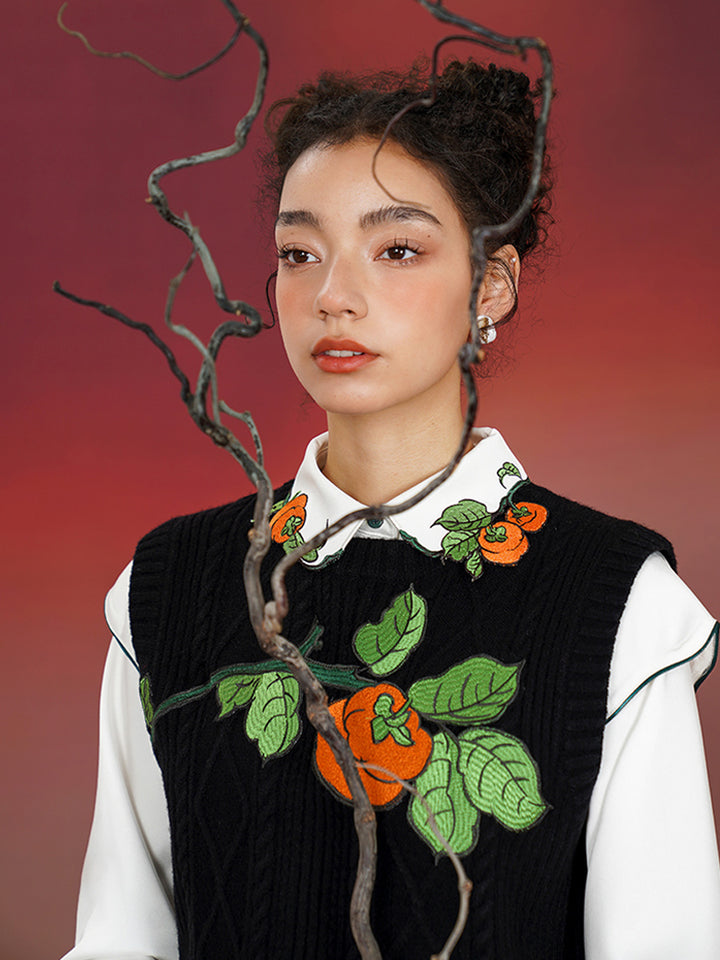 Original Chinese style embroidered vest, persimmon vest, sleeveless round neck, new Chinese retro style outerwear, layered sweater