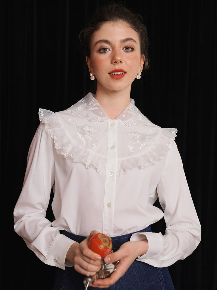 Original double-layer lace embroidered collar shirt French romantic spring/summer white top intellectual retro winter interior