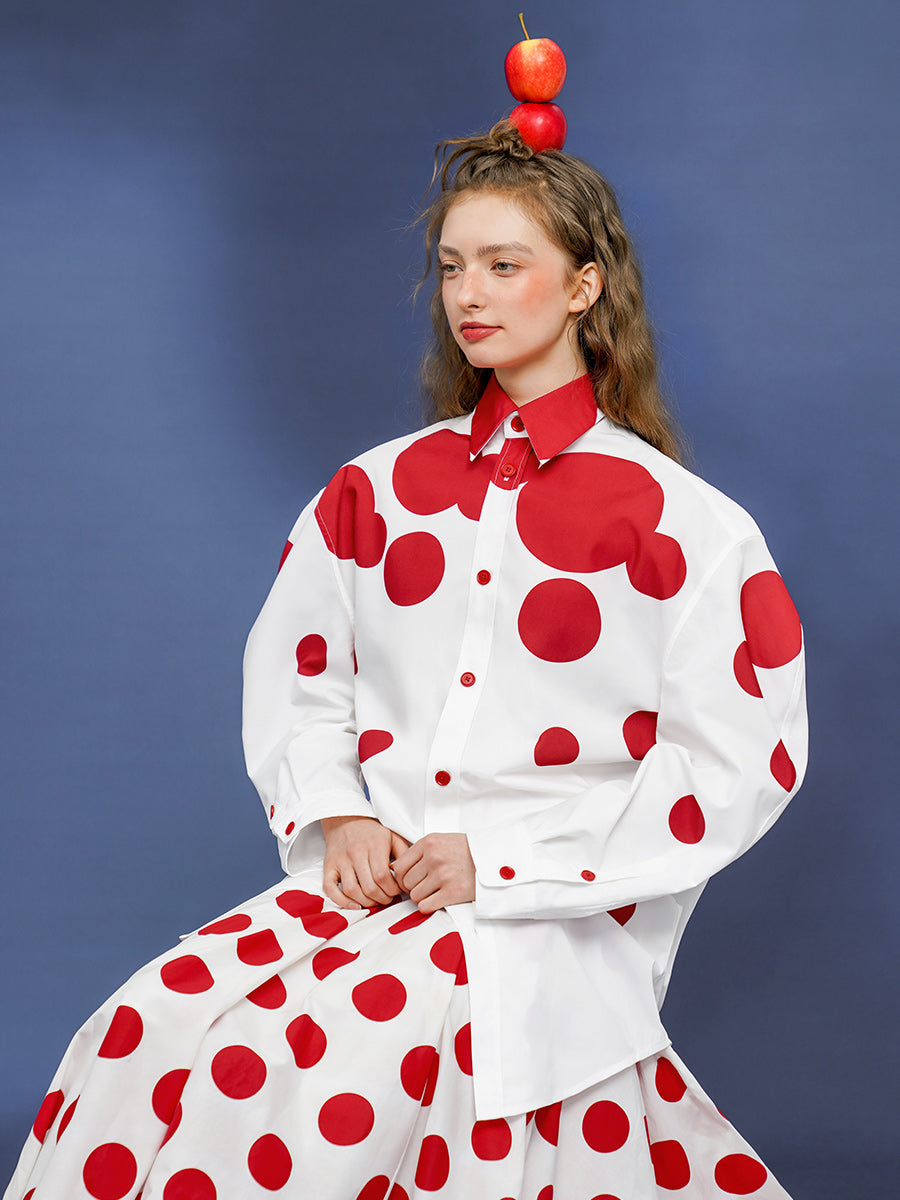 New original retro polka dot printed commuter shirt with women's silhouette, classic design sense top, small shirt