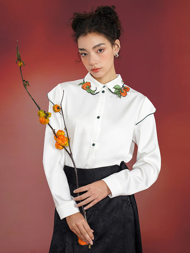 Original Chinese style persimmon embroidery shirt, retro niche cream white high-end top, 2024 spring new item for women