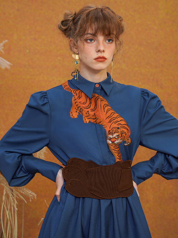 Blue Tiger  French Dress - Original Embroidered Slimming Commuting Midi