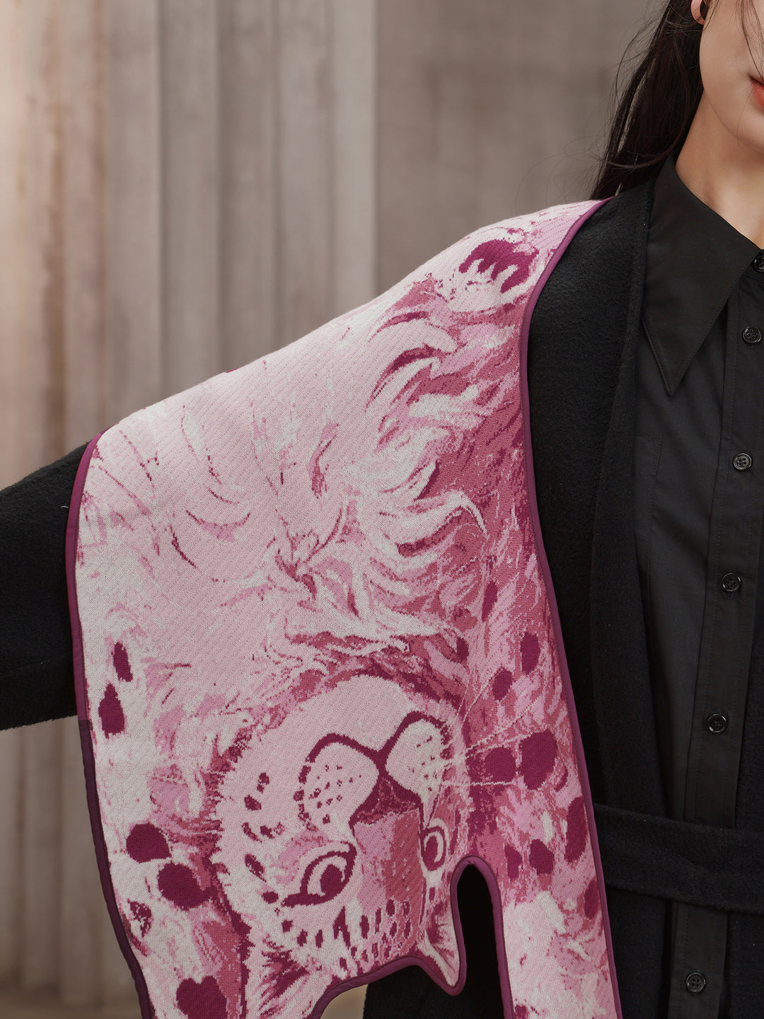 Pink Panther Blended Wool Big Shawl - Retro Knitted Animal Cape Scarf
