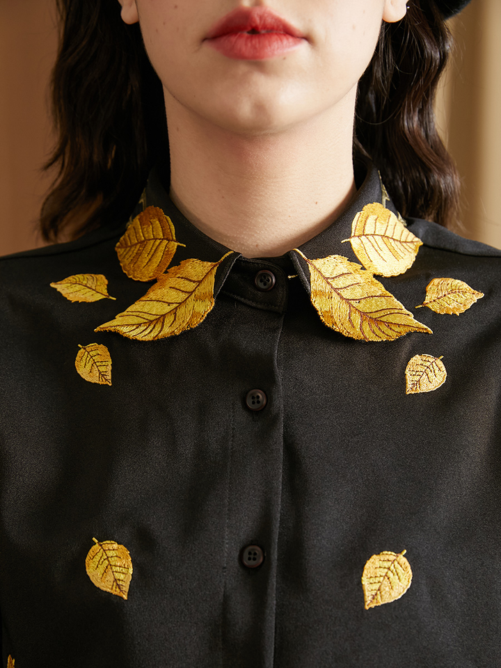 Original New Golden Leaf Embroidered Collar Bat Long Sleeve Retro French Shirt for Women Autumn and Winter