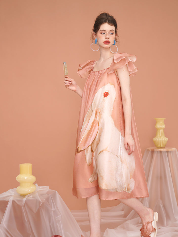Whimsical Rabbit French Retro Dress - Romantic Flutter Sleeve Fairy Slimming Midi