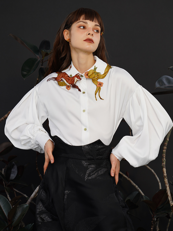 New Fox Story Retro Shirt with Heavy Embroidery and Ribbon Wrapping, Original Women's Top for Women