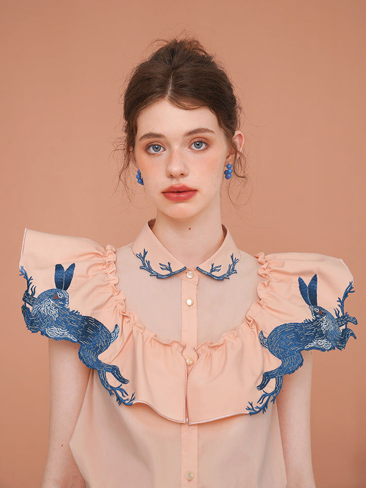 Whimsical Rabbit Embroidered Shirt - Retro Patchwork Niche Commuter Blouse