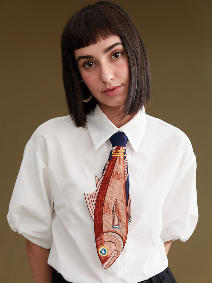 Vintage Fish Embroidery Splicing Necktie - Unique Handcrafted Accessory